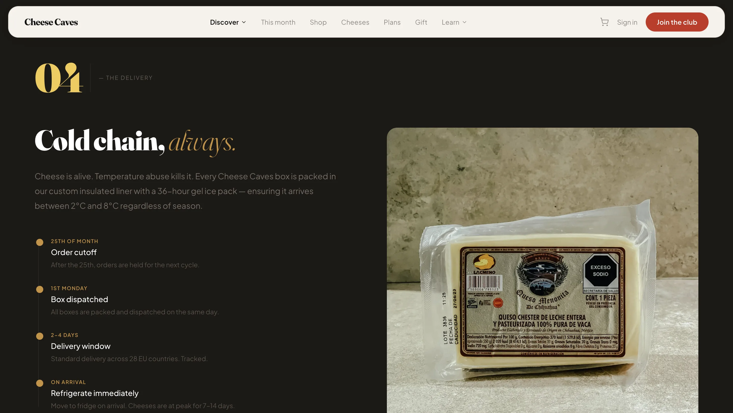 Cheese Caves cart experience for one-time shop orders