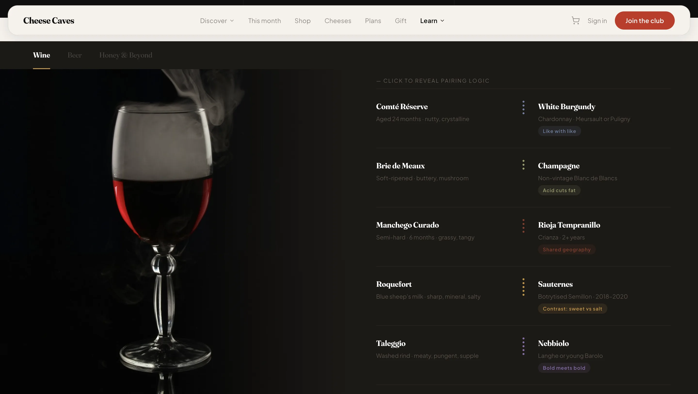 Cheese Caves subscription landing blocks