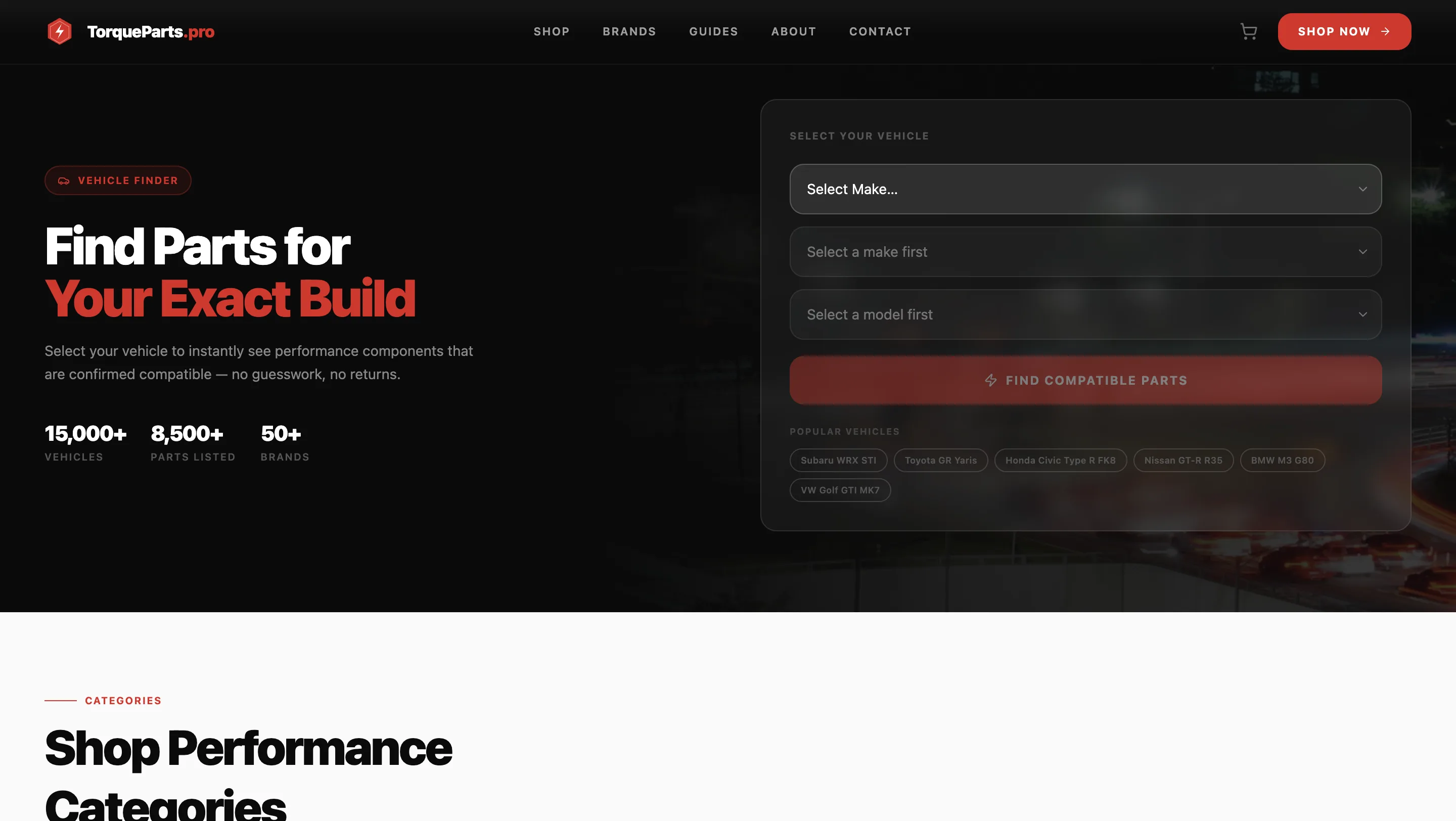 TorqueParts.pro homepage with performance auto parts editorial hero