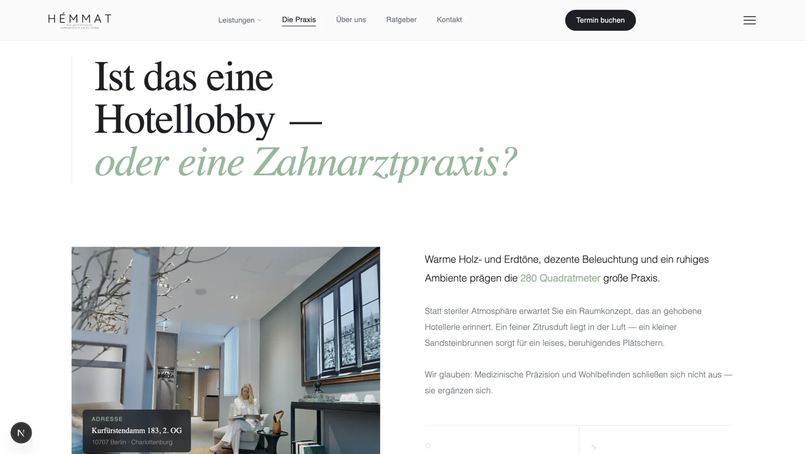 Dental clinic interior and trust-led storytelling section