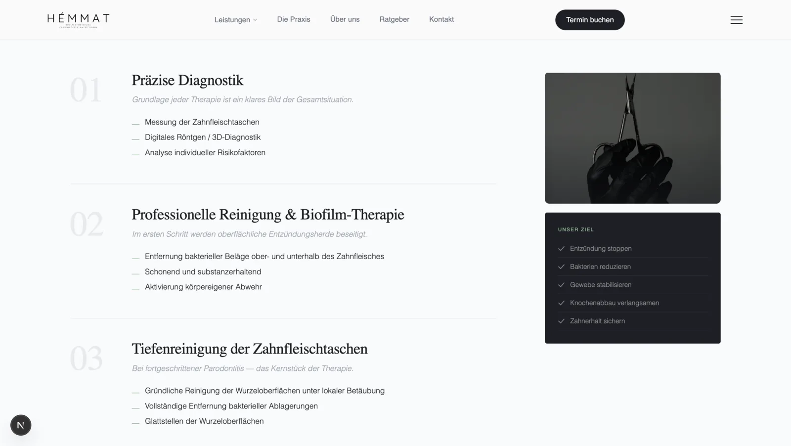 Structured clinic page for treatment explanations and navigation