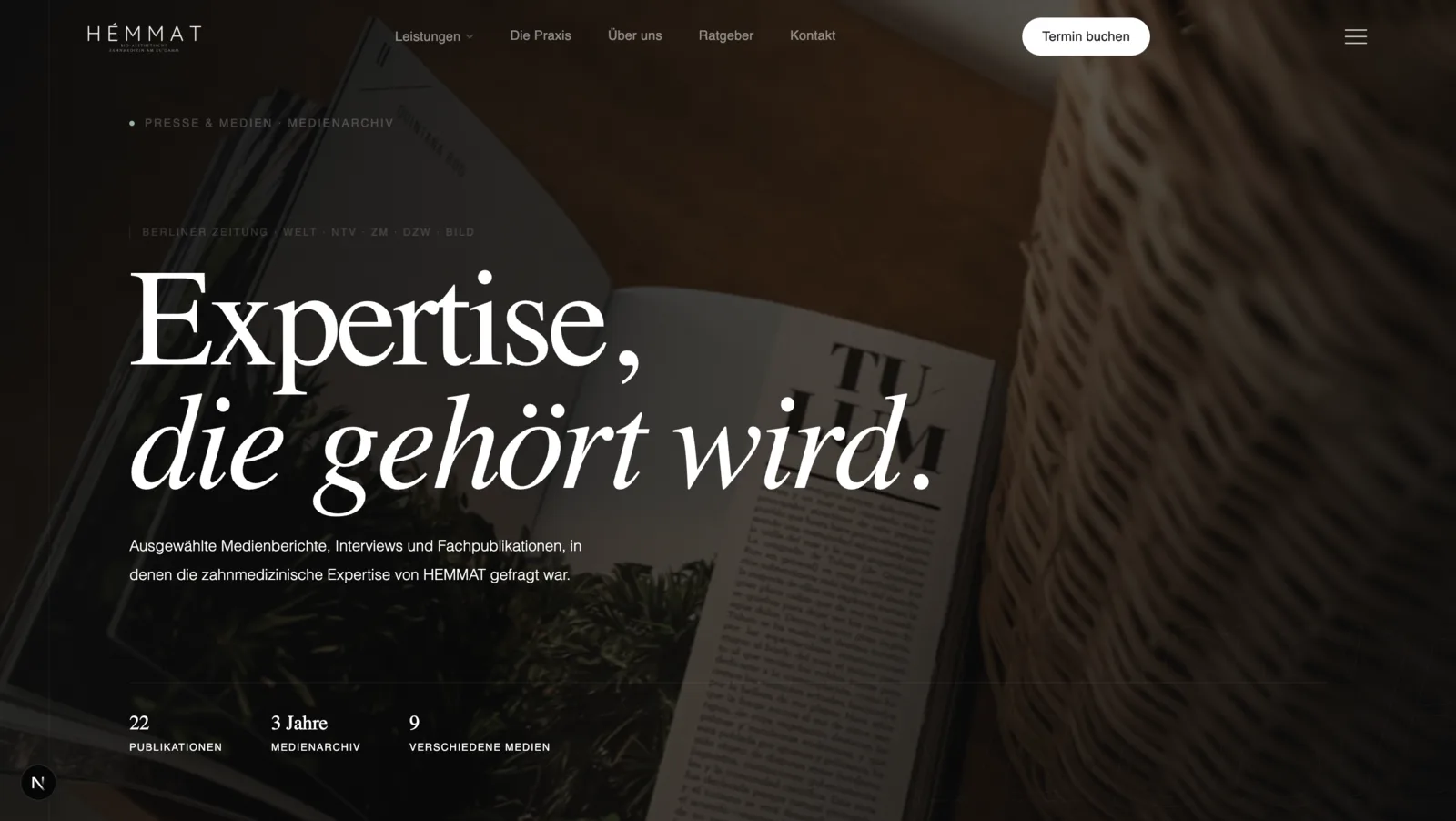 Dark-themed clinic interface section with premium typography
