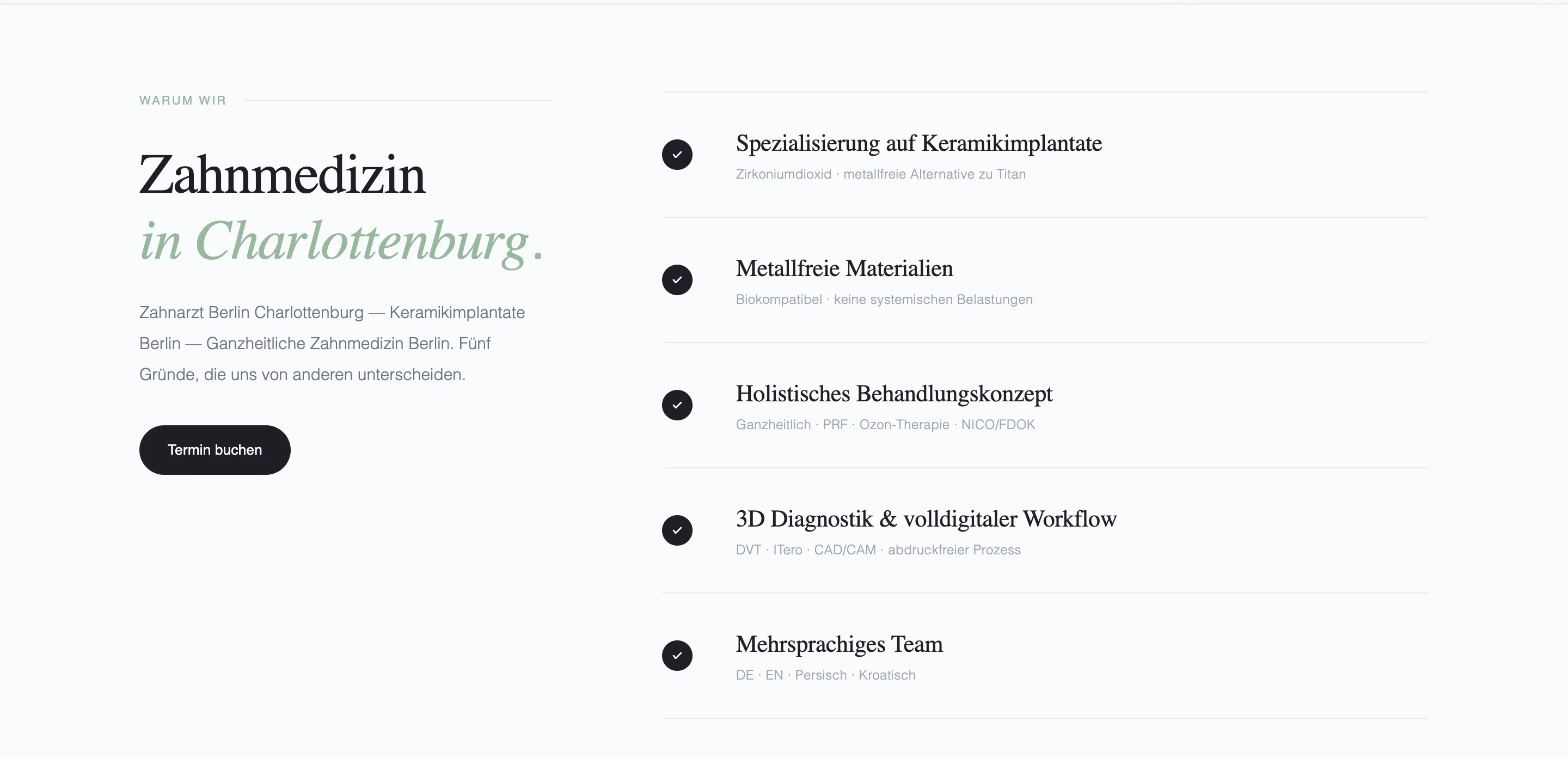 Landingpage fuer biologische Zahnmedizin mit editorischer Behandlungsstruktur