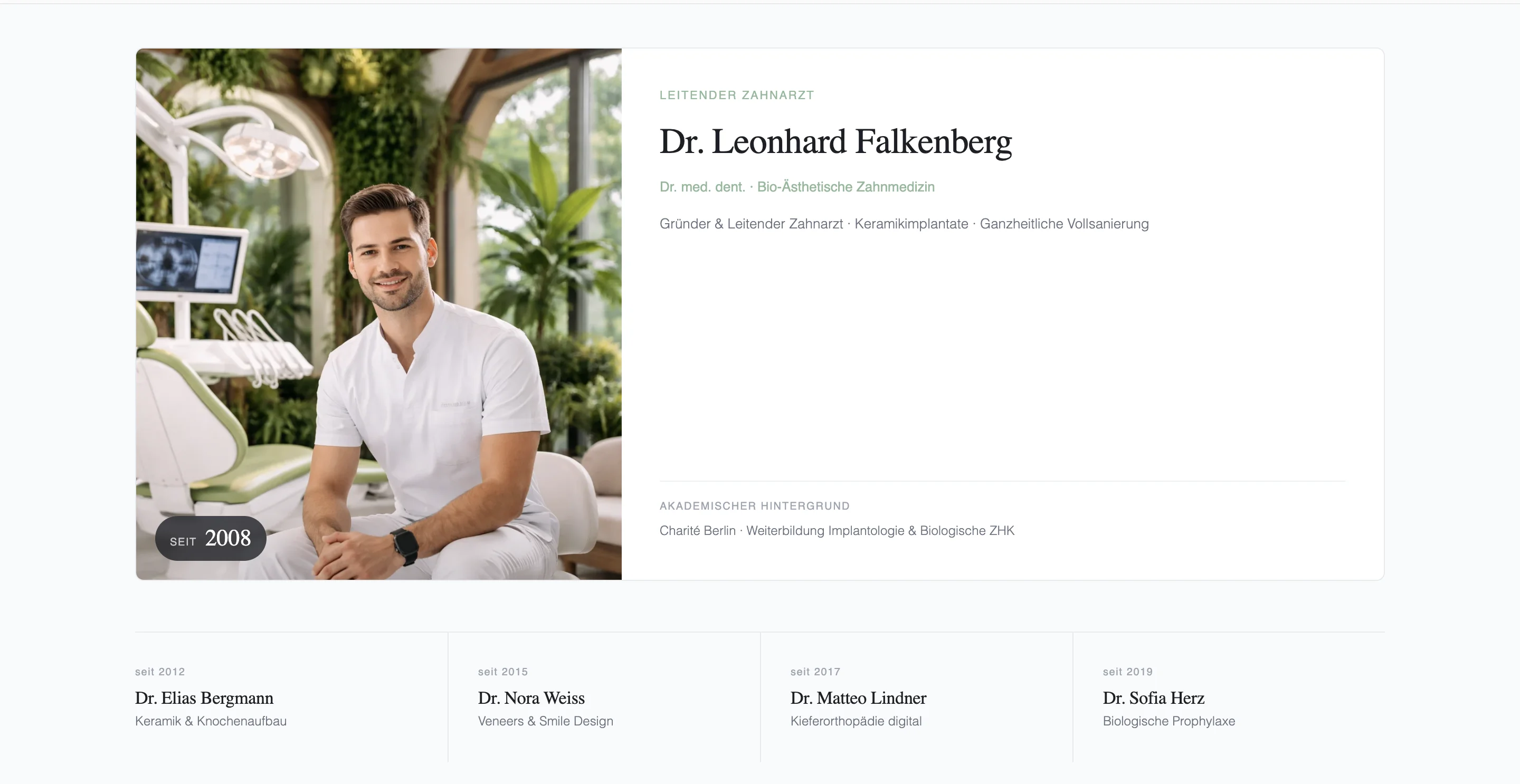 Bereich mit Praxisinterieur und vertrauensbildendem Storytelling