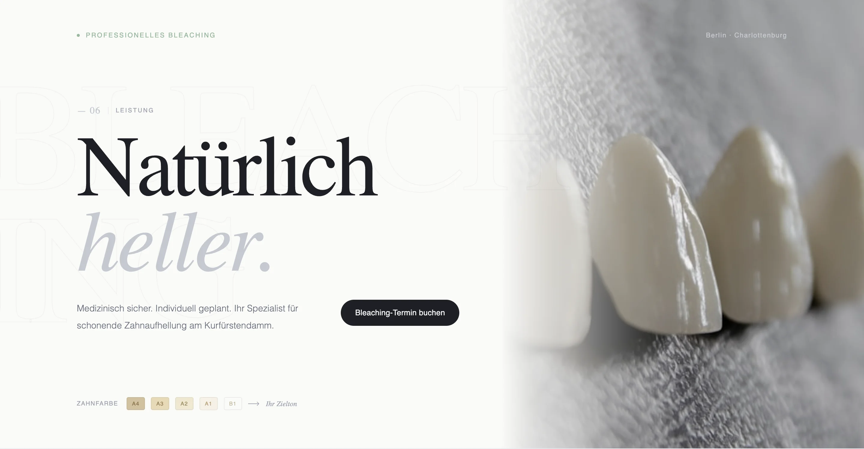 Premium-Landing-Sektion mit aesthetischer Positionierung der Praxis