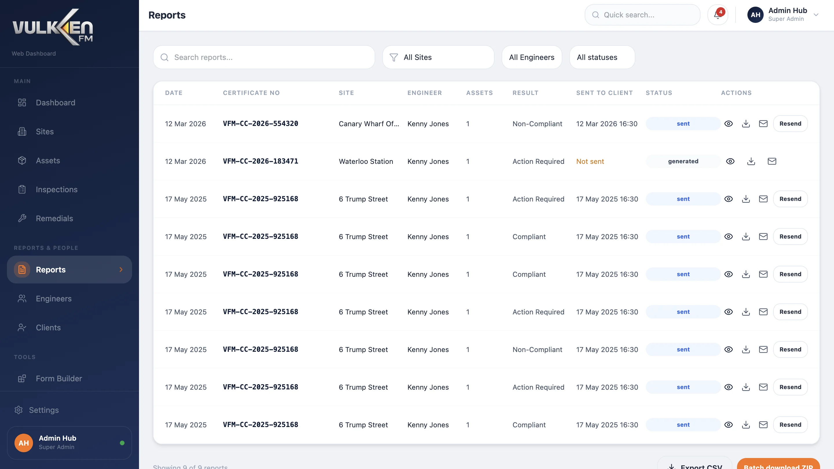 Inspektionsübersicht im Dashboard