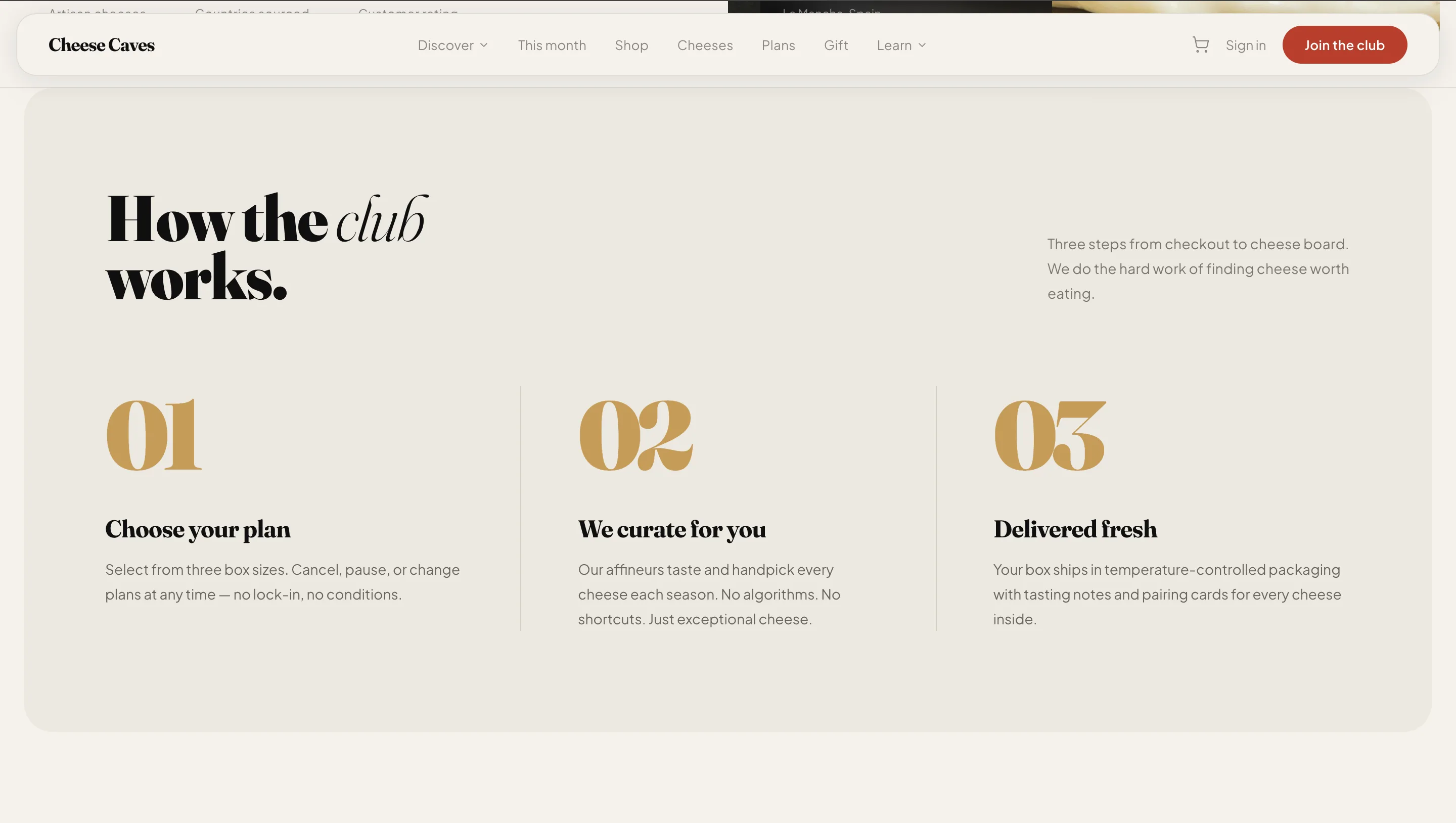 Cheese Caves homepage with premium artisan cheese subscription hero