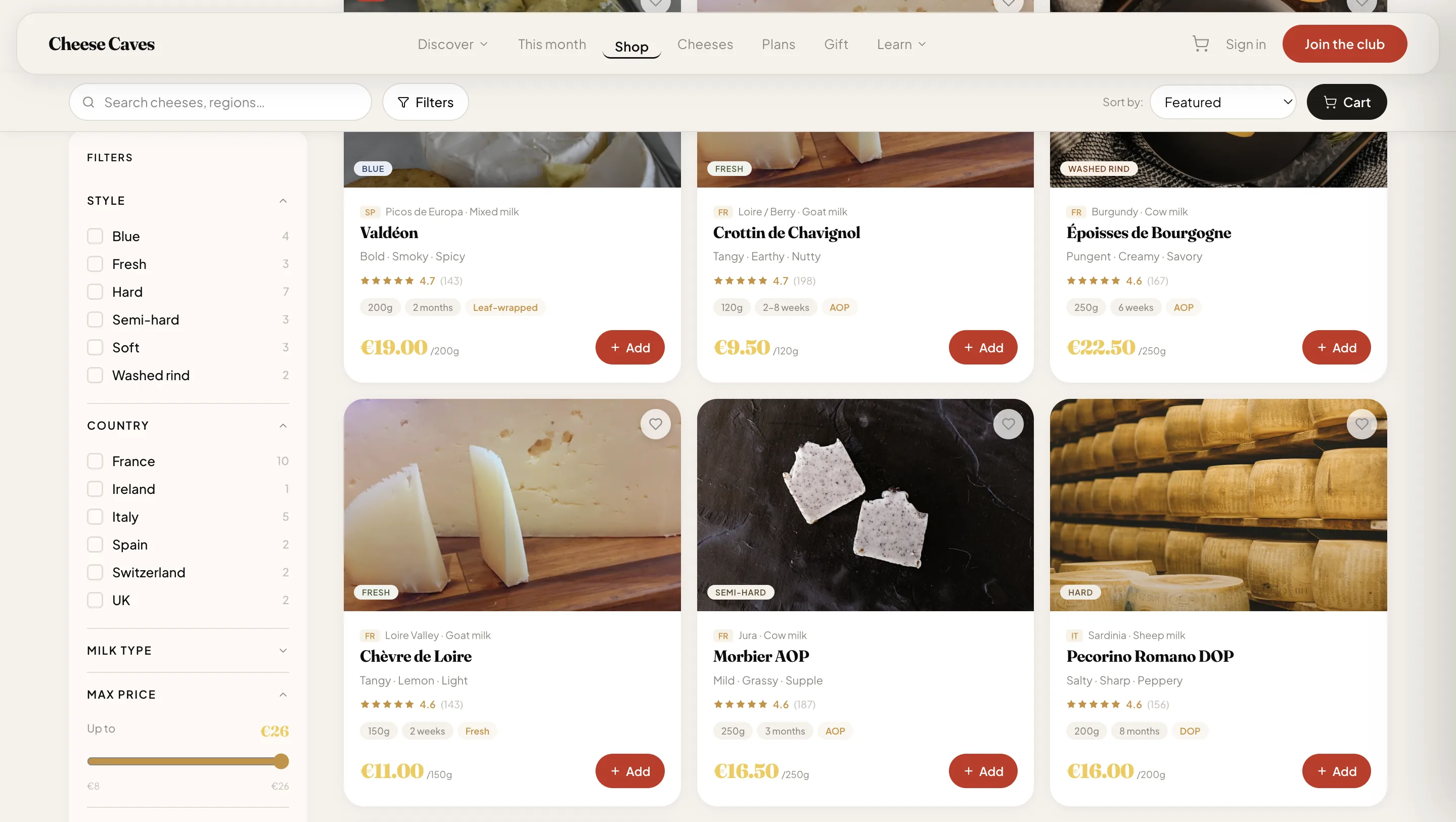 Cheese Caves product discovery grid