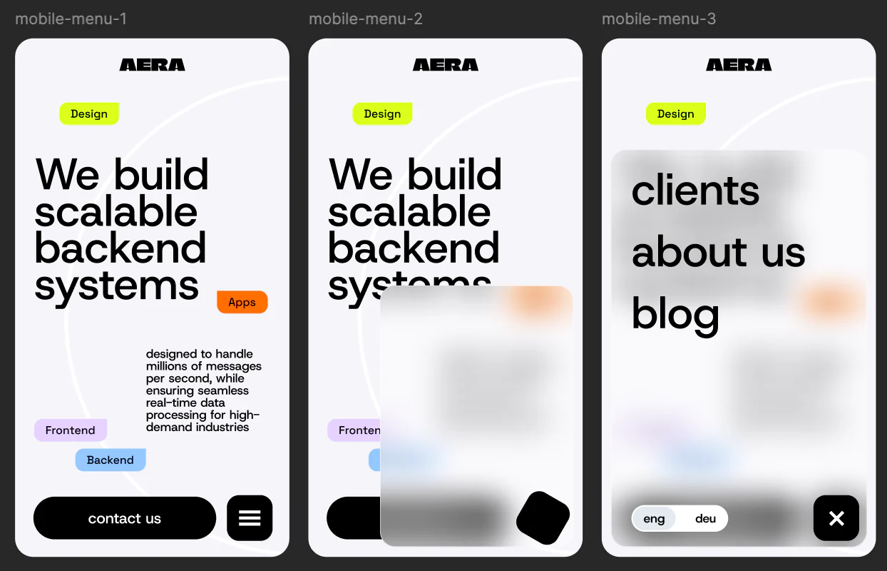 Mobile Navigation und Menü-Zustände der AERA Website