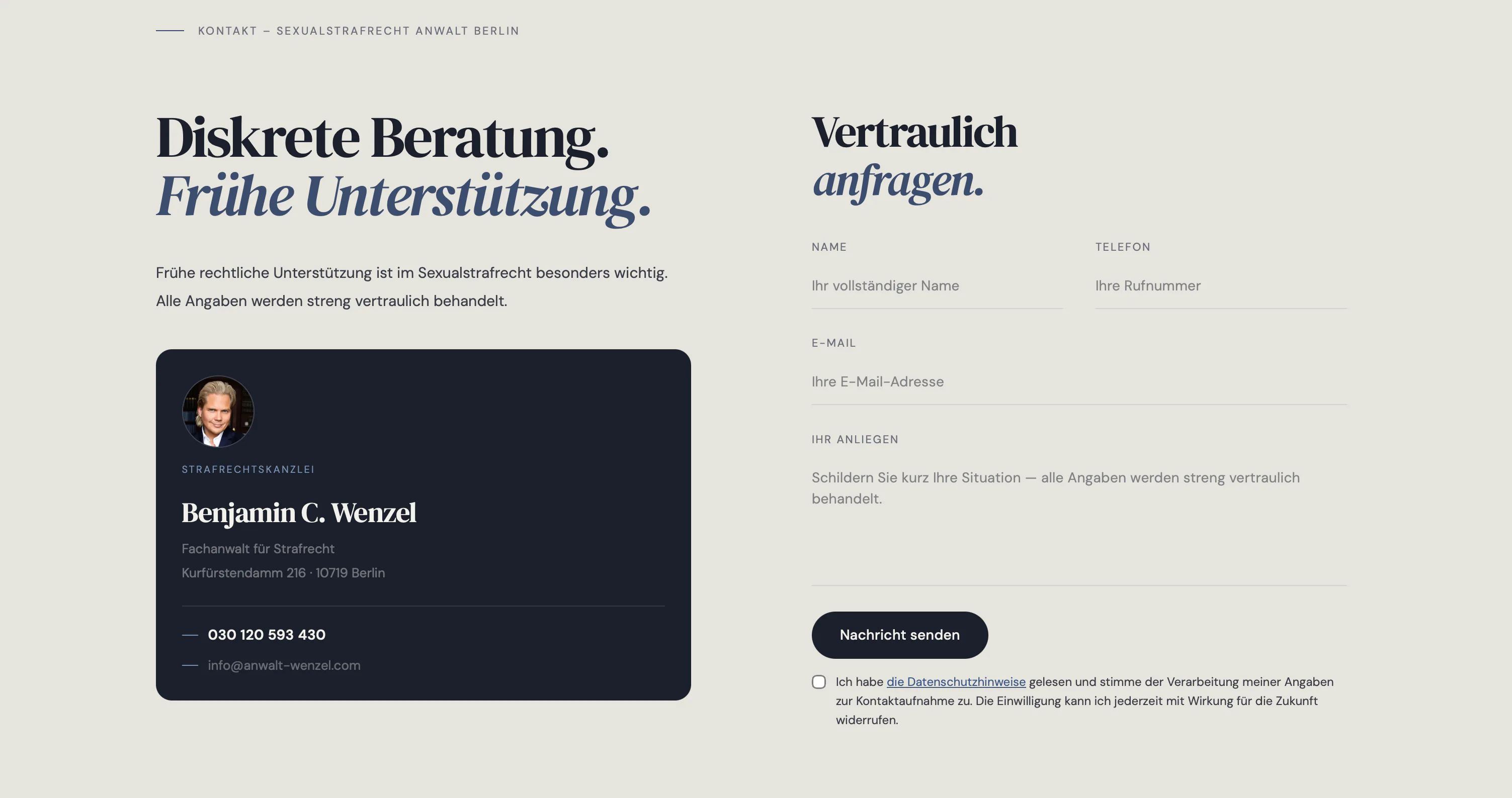 Wenzel vertrauliches Kontaktformular für rechtliche Anfragen