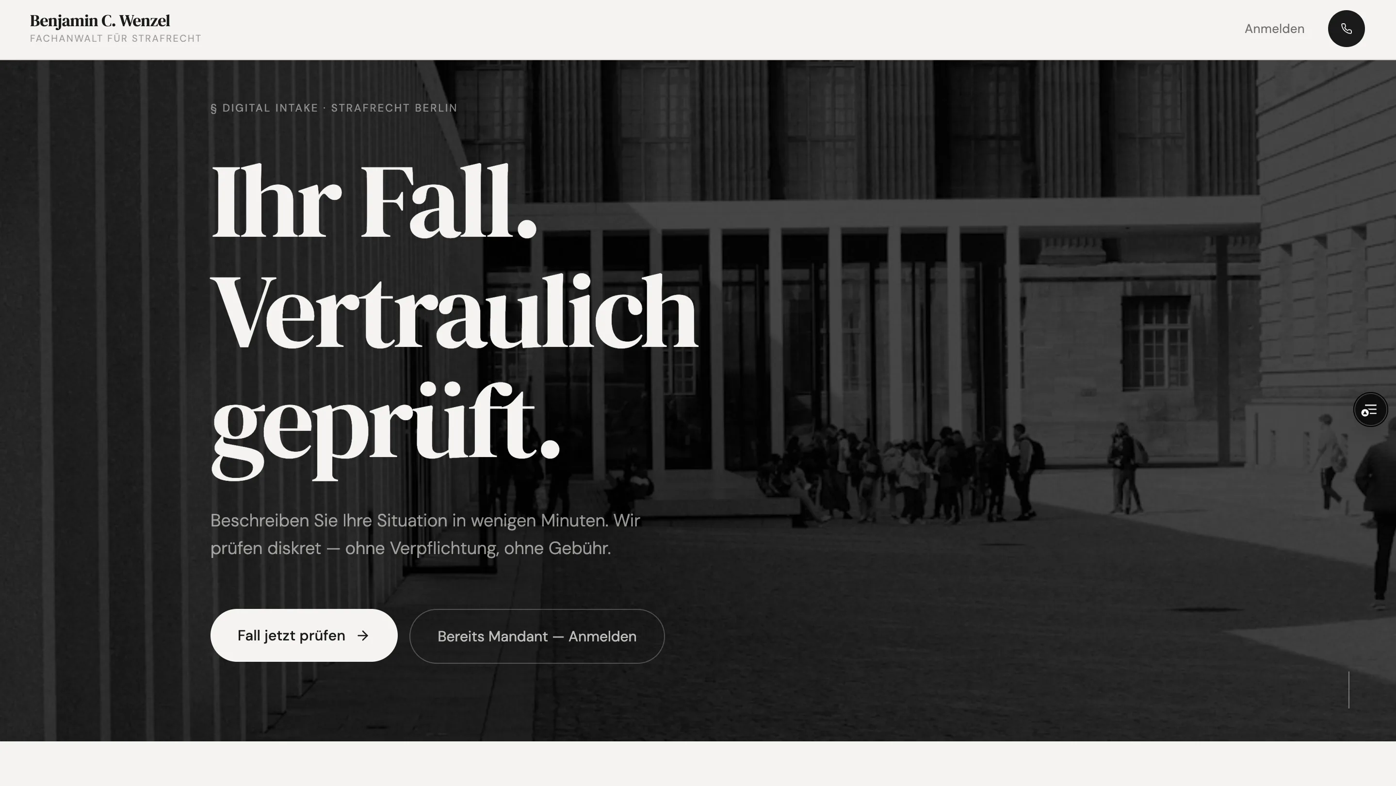 Strukturierter Intake und Einstieg in das authentifizierte Mandantenportal der Wenzel Strafverteidigungsplattform