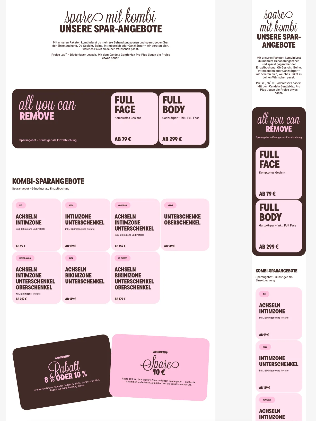 Responsive Paket- und Preisansichten