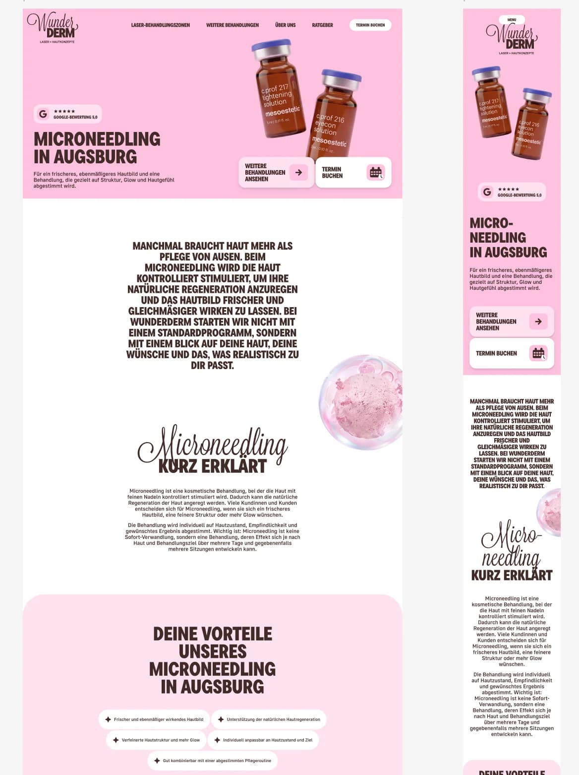 Microneedling-Seite als vollständiges Desktop- und Mobile-Layout in Figma