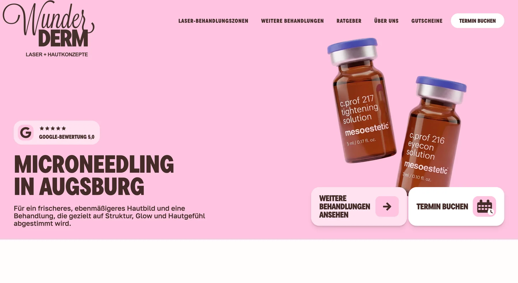 Microneedling Hero mit Produktvisuals und Terminaktionen