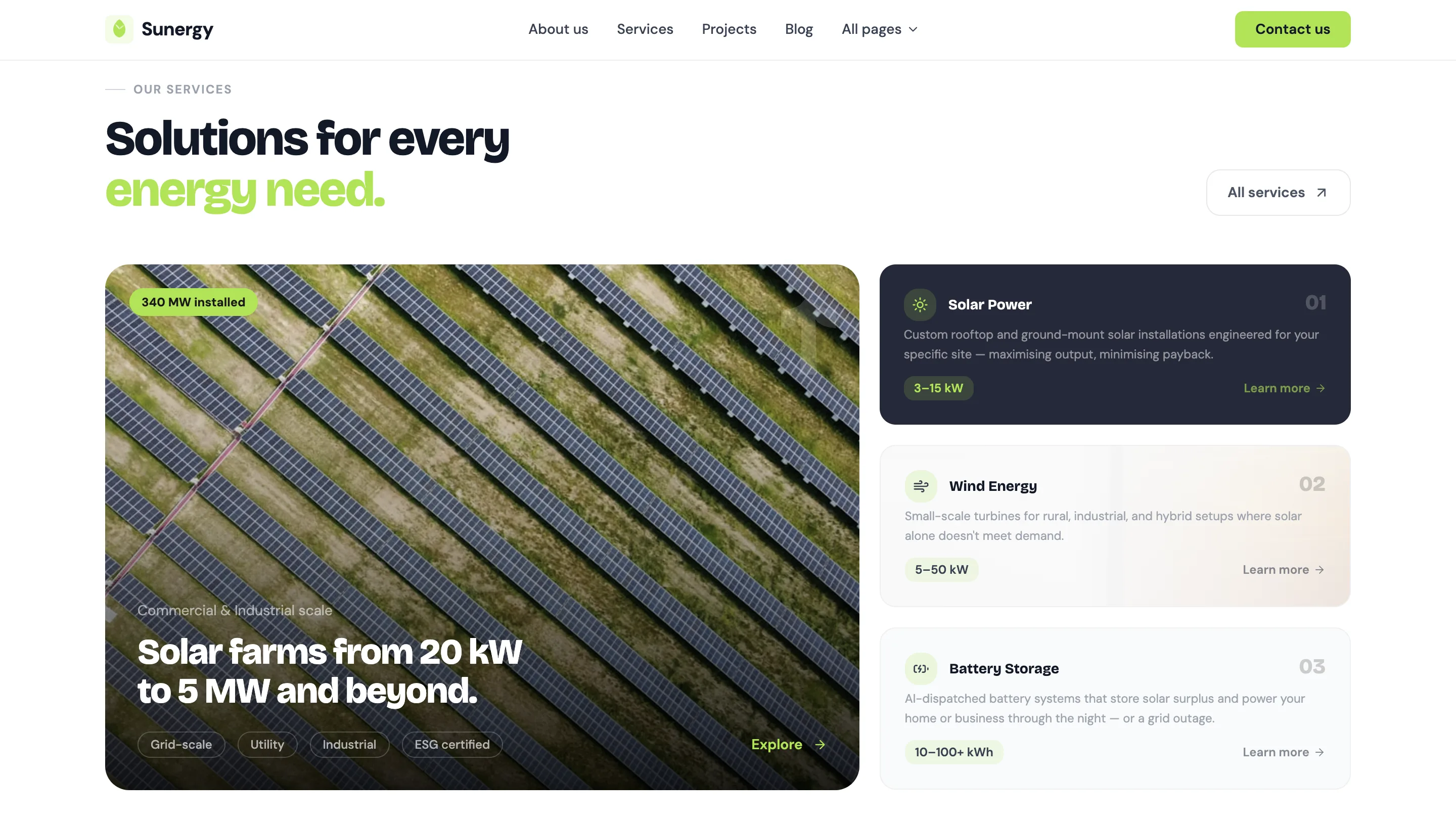 Renewable energy floating metric cards and clean energy positioning