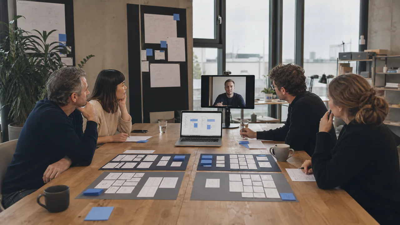 KI-generiertes Symbolbild: Ein Produktteam vergleicht unterschiedliche Delivery-Modelle für ein MVP an einem gemeinsamen Planungstisch.