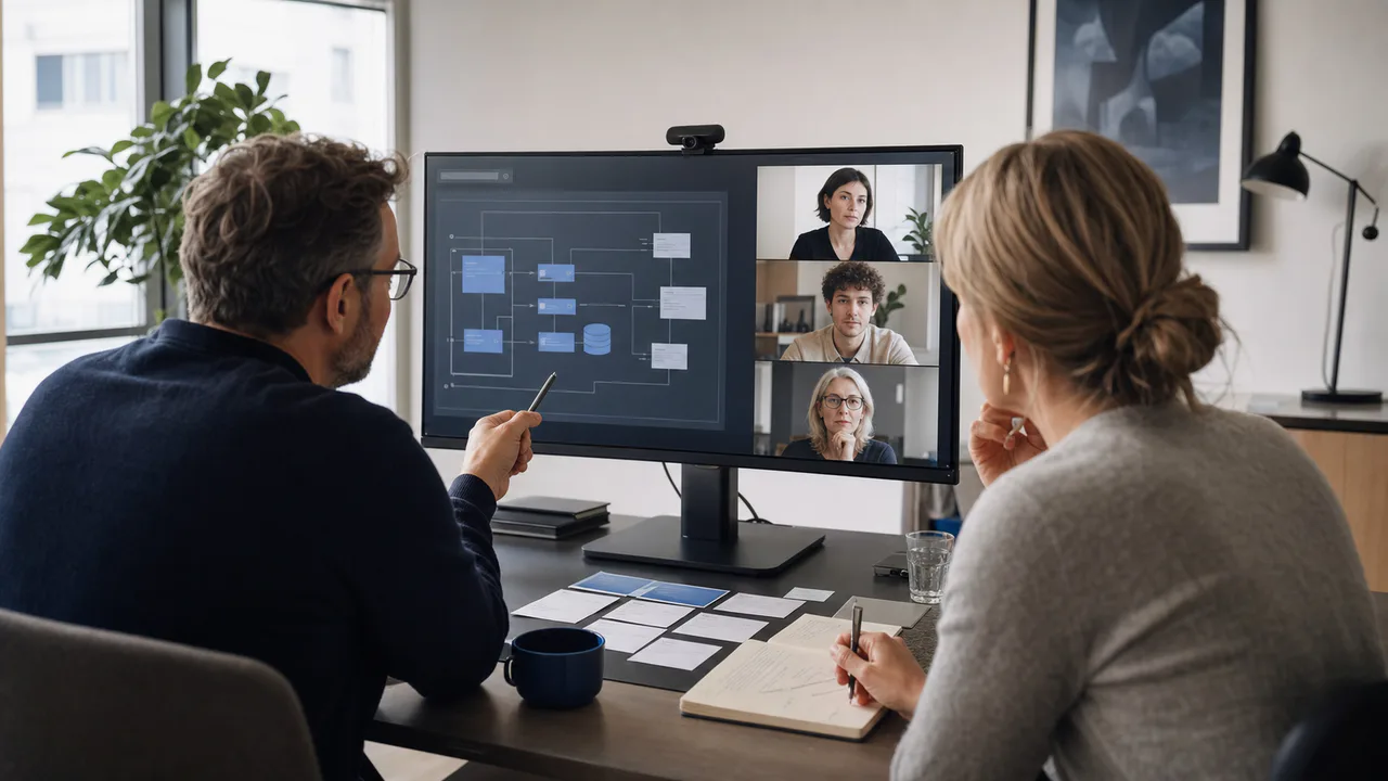 KI-generiertes Symbolbild: Ein lokaler Tech Lead und eine Product-Verantwortliche prüfen mit drei Remote-Teammitgliedern eine Systemarchitektur.