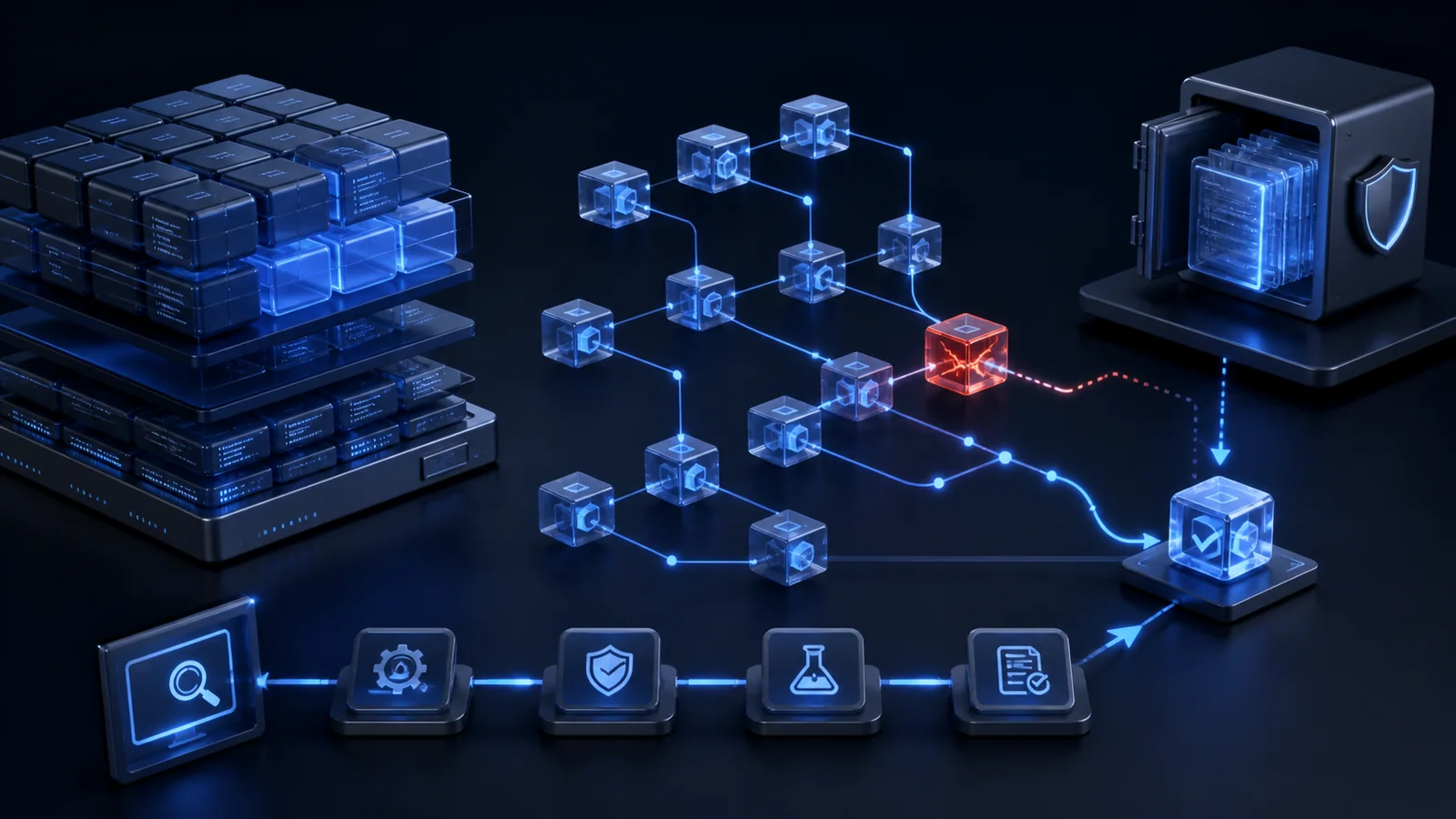 KI-generierte Systemdarstellung: Ein Produkt wird in direkte und transitive Abhängigkeiten zerlegt; eine betroffene Komponente wird erkannt, dokumentiert und kontrolliert ersetzt.