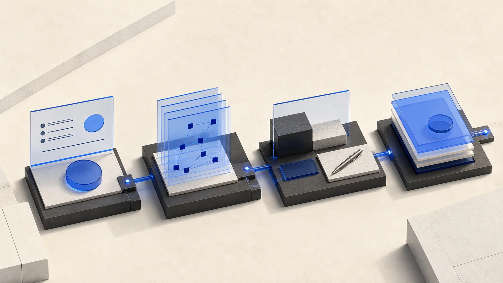 AI-generated conceptual illustration of four connected stages: disclosure, provenance, human review and durable evidence.