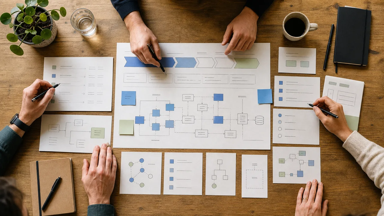KI-generiertes Symbolbild: Ein gemeinsames Delivery-System aus Roadmap, Architektur, Entscheidungspfaden und Übergabe-Artefakten.