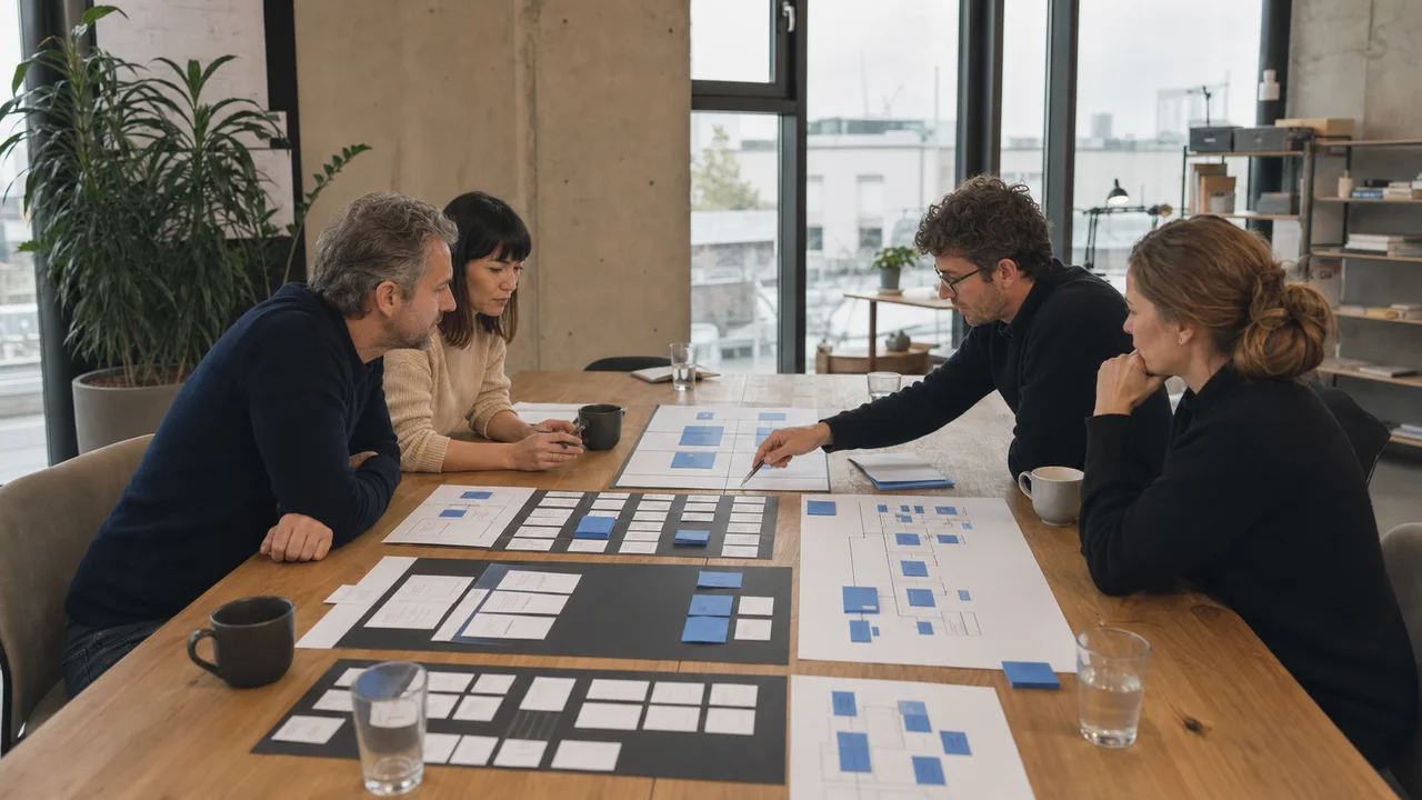 KI-generiertes Symbolbild: Ein Produktteam zerlegt ein B2B-Kundenportal in Rollen, Dokumente, Workflows, Admin und Integrationen.