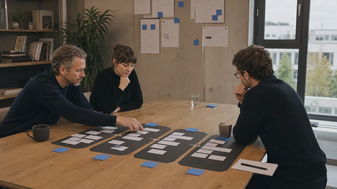 KI-generiertes Symbolbild: Ein Portal wird in klaren Phasen vom Kernworkflow über Rollen und Integrationen bis zum kontrollierten Ausbau geliefert.