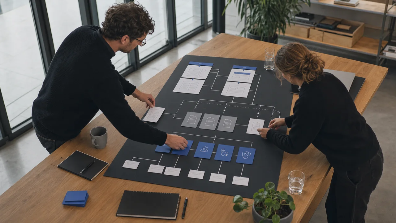 KI-generiertes Symbolbild: Eine klare Portalarchitektur verbindet externe Nutzeroberfläche, Admin-Backoffice, Dokumente, Integrationen und Datenzugriff.