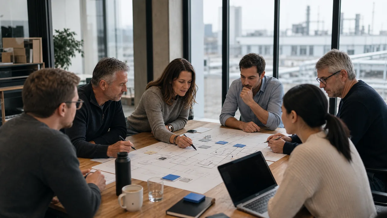 KI-generiertes Symbolbild: Ein mittelständisches Team kartiert Legacy-Systeme, Excel-Prozesse und Integrationen vor einer schrittweisen Modernisierung.