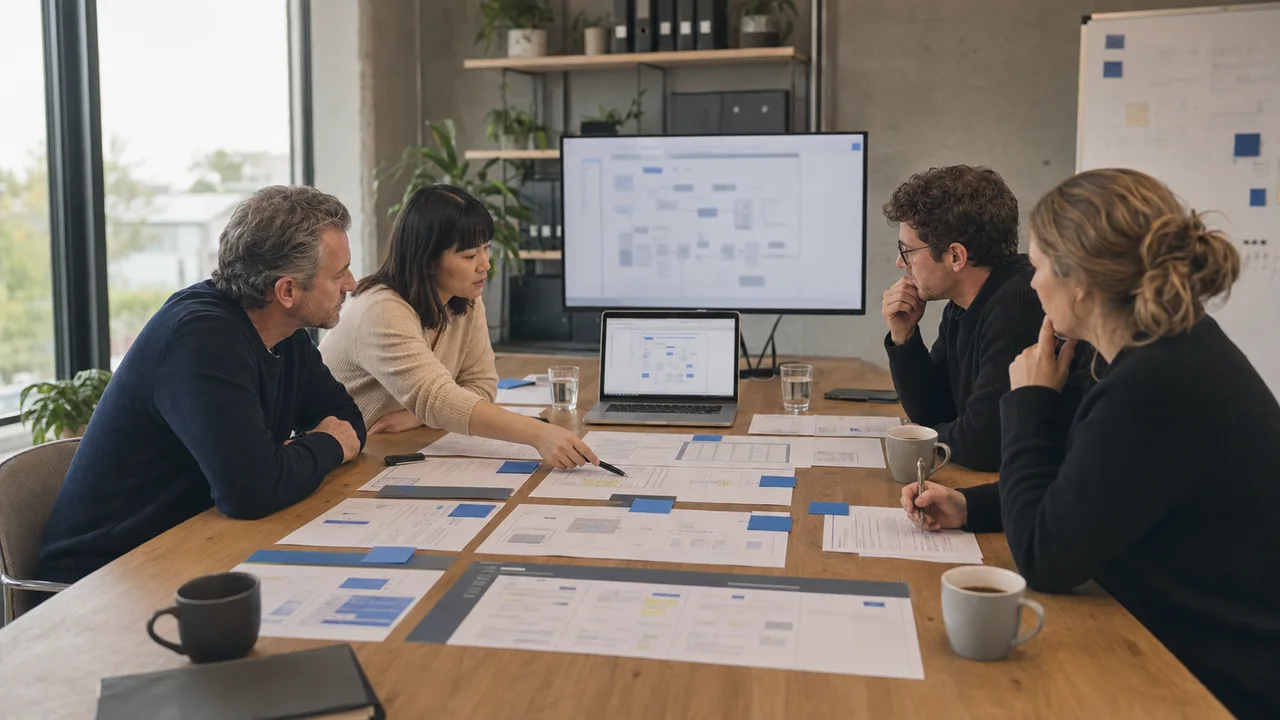 KI-generiertes Symbolbild: Fachanwender und Engineers verfolgen gemeinsam einen Auftrag durch Excel, ERP, E-Mail und ein künftiges internes Tool.