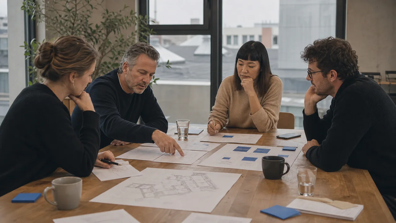 KI-generiertes Symbolbild: Ein deutsches Produktteam prüft Fragen, Verantwortlichkeiten und Vertragsunterlagen vor der Auswahl einer Softwareagentur.