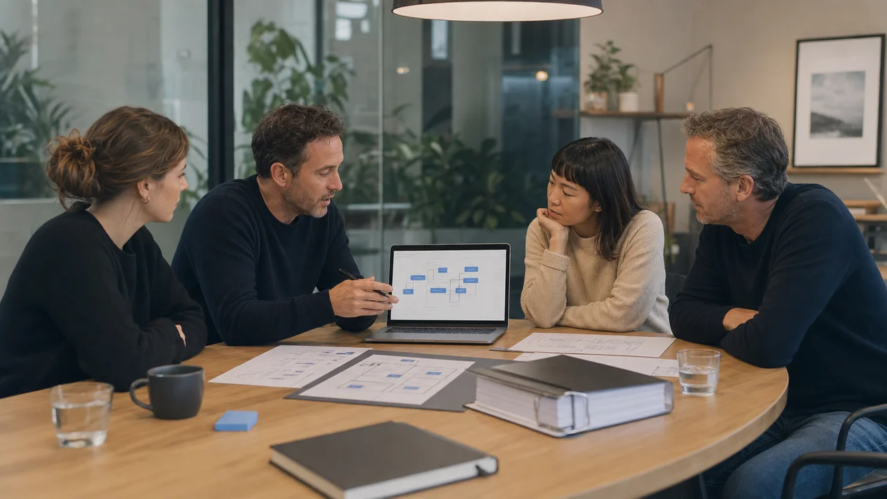KI-generiertes Symbolbild: Ein Engineering-Team übergibt Code, Runbooks, Architekturübersicht und Zugänge strukturiert an das interne Kundenteam.