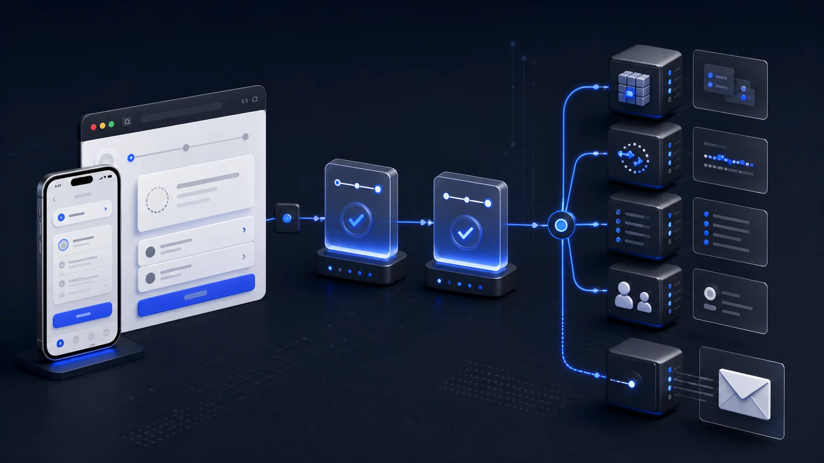 KI-generierte Systemdarstellung: Der Widerrufsprozess verbindet mobile und Web-Oberflächen mit Bestätigung, Vertragsdaten, Audit-Trail, interner Bearbeitung und elektronischem Beleg.